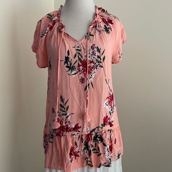 St. John’s Bay floral top cap sleeves ruffle around neck & bottom women’s large - Picture 1 of 8